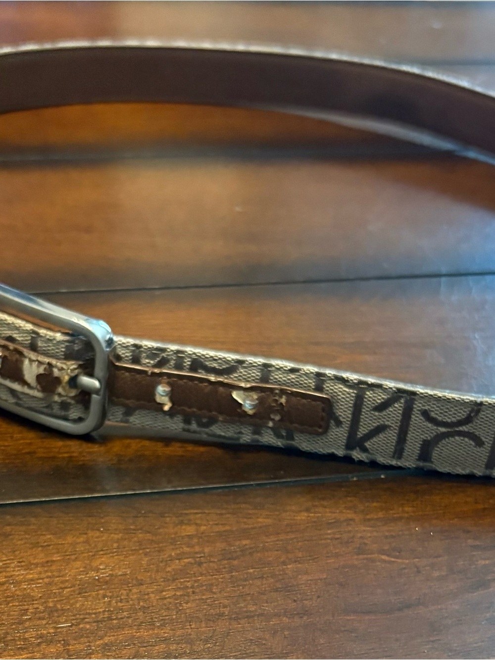 Women’s Calvin Klein Brown Logo-Print Leather Belt with Silver Buckle